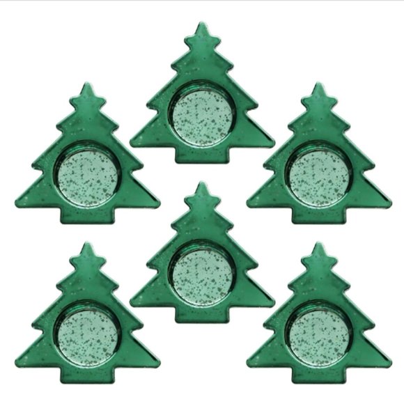 Set of 6 - Green Pine Tree - Mercury Glass Tealight Candle Holders - Picture 7 of 10